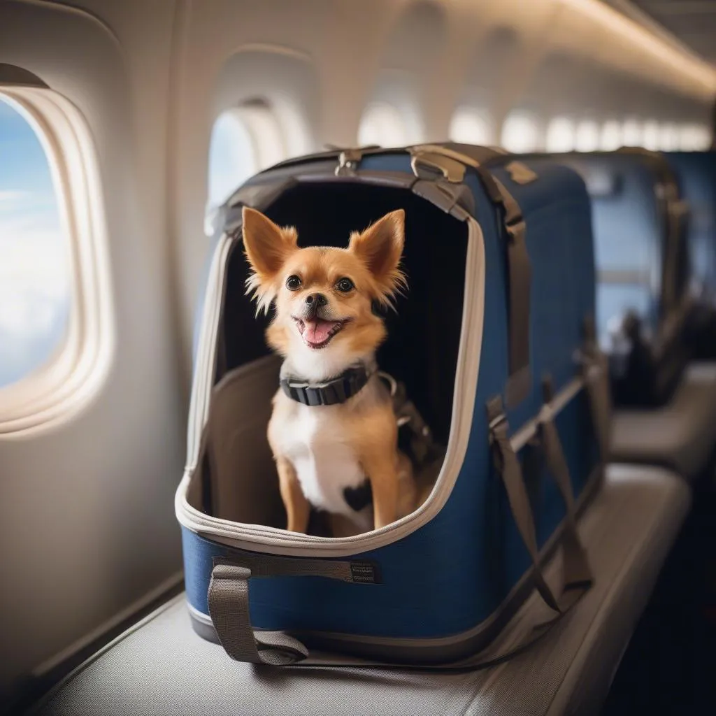 Dog traveling in airplane cabin