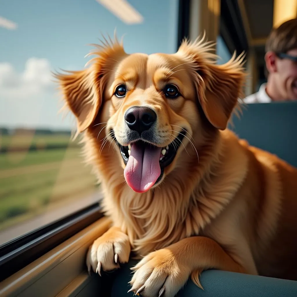 Golden Retriever gazing out a train window