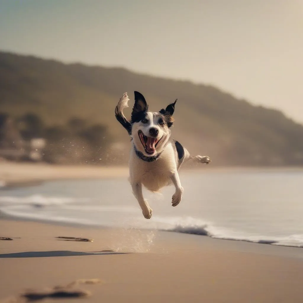 Happy dog catching a frisbee on a sunny beach