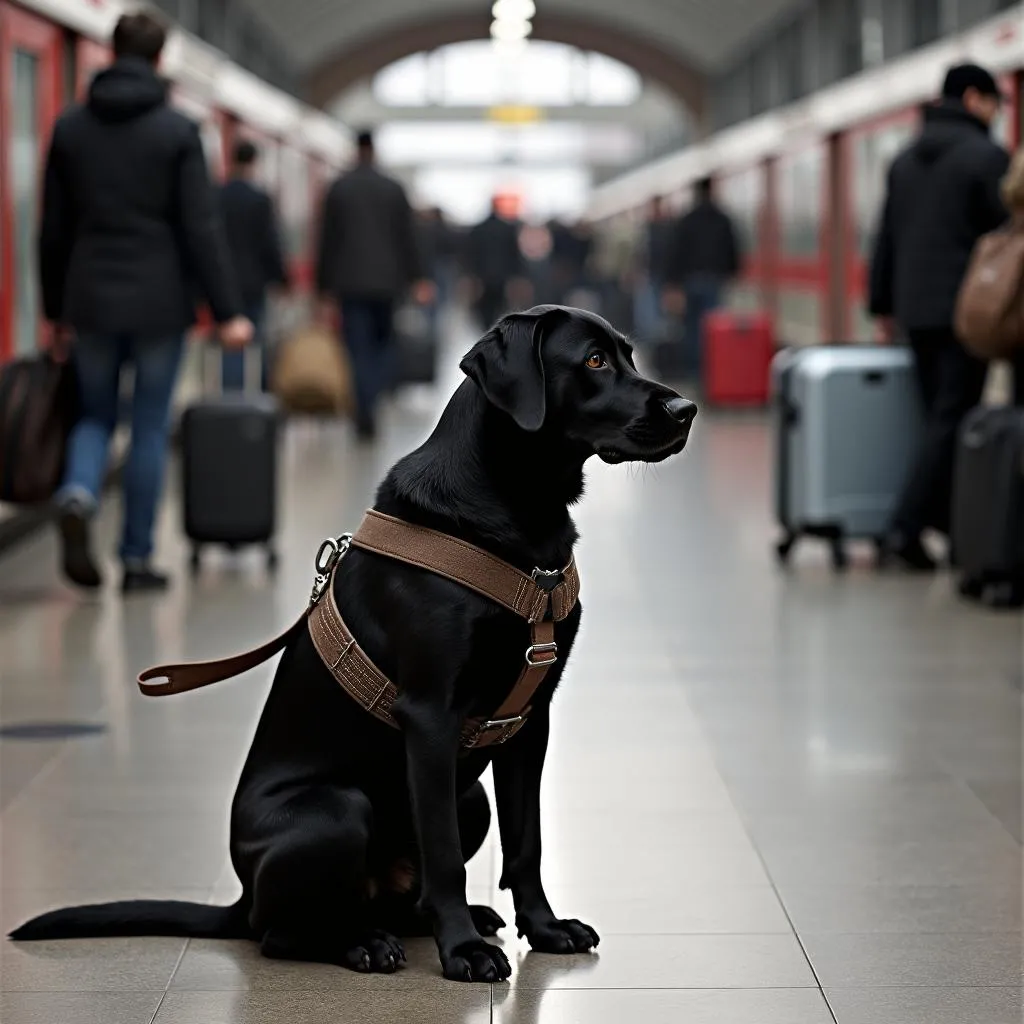 Black Labrador sitting patiently in a busy train station