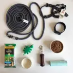 Dog travel essentials laid out on a table