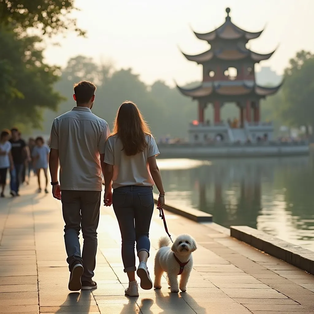 Couple walking their dog around Hoan Kiem Lake