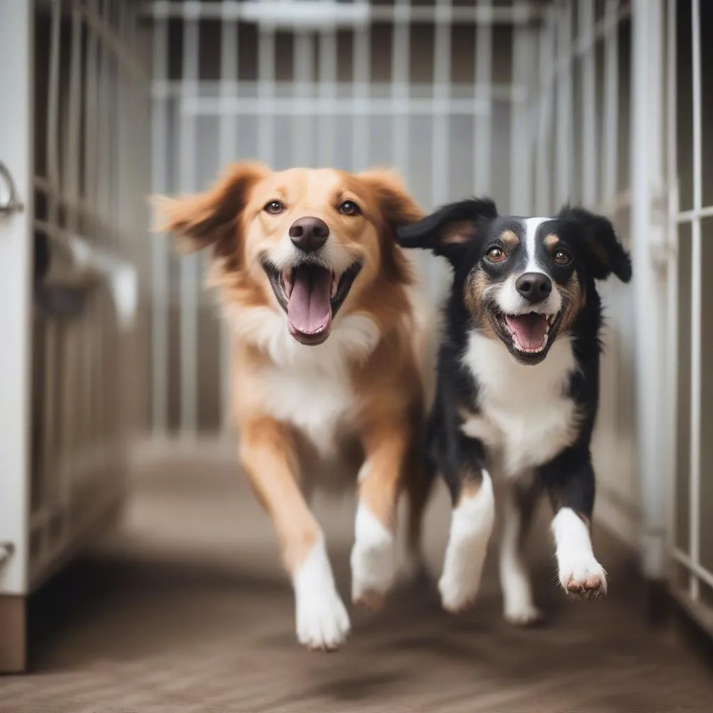 Dogs playing in kennel