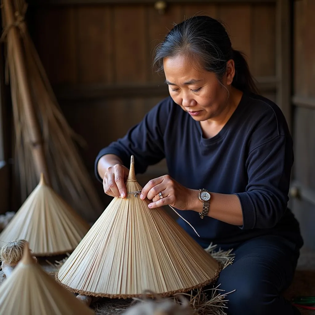 Artisan crafting a conical hat in Dong Ho Village