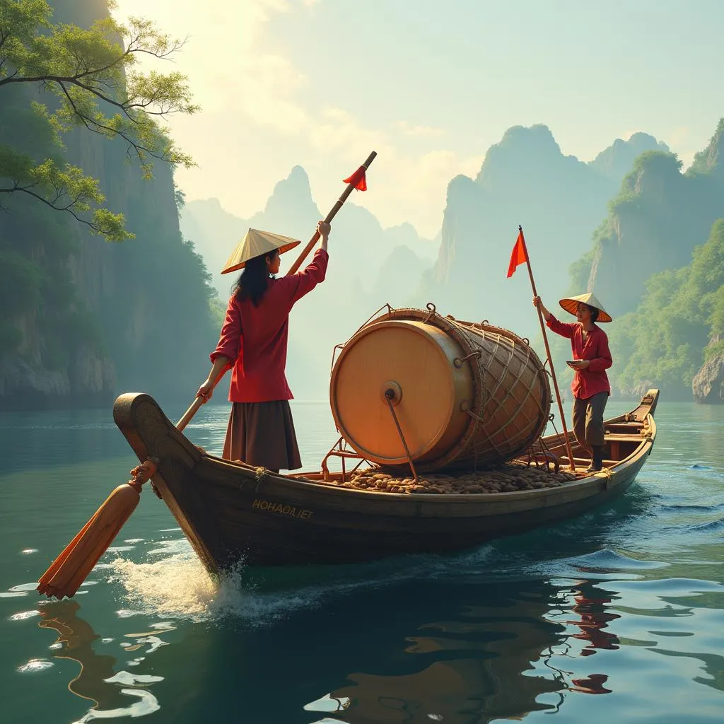 Dong Son drum being transported on a traditional Vietnamese boat on the Red River