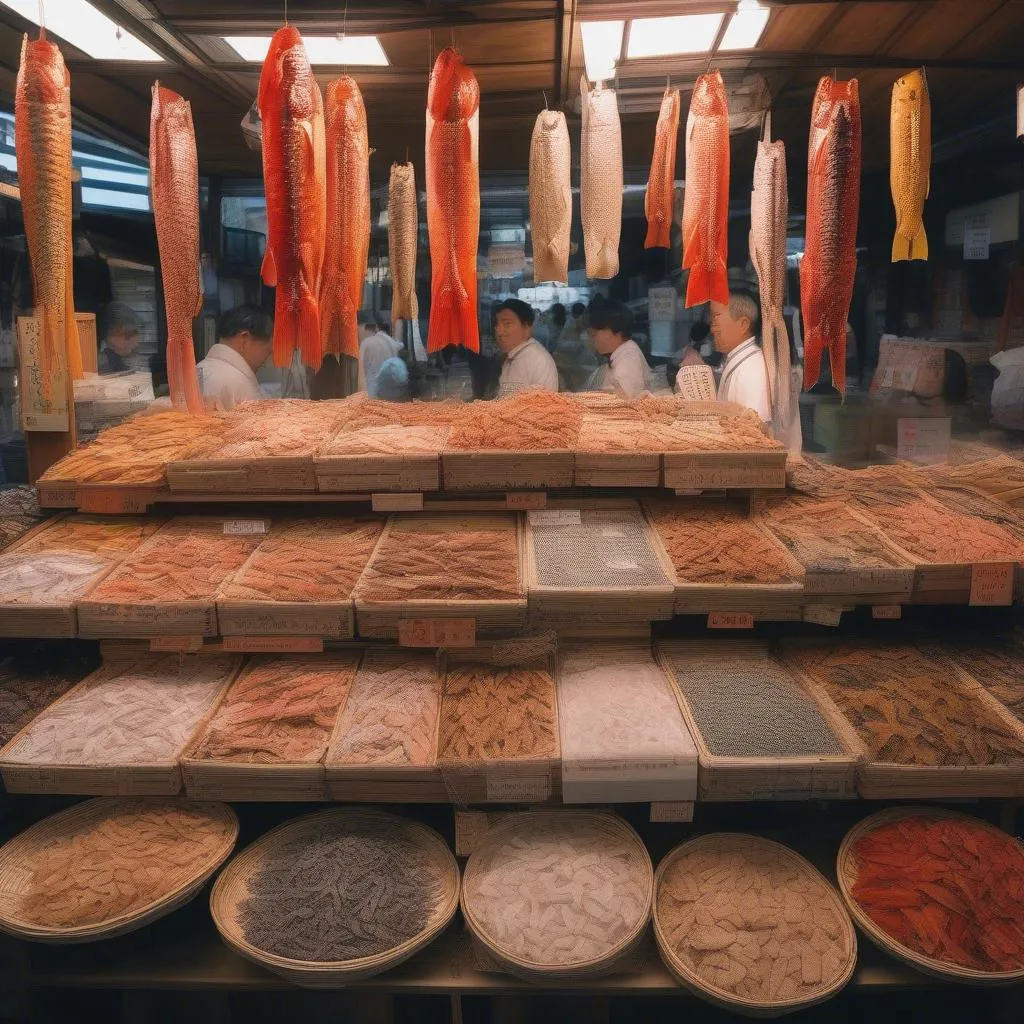 Bustling dried fish market in Japan