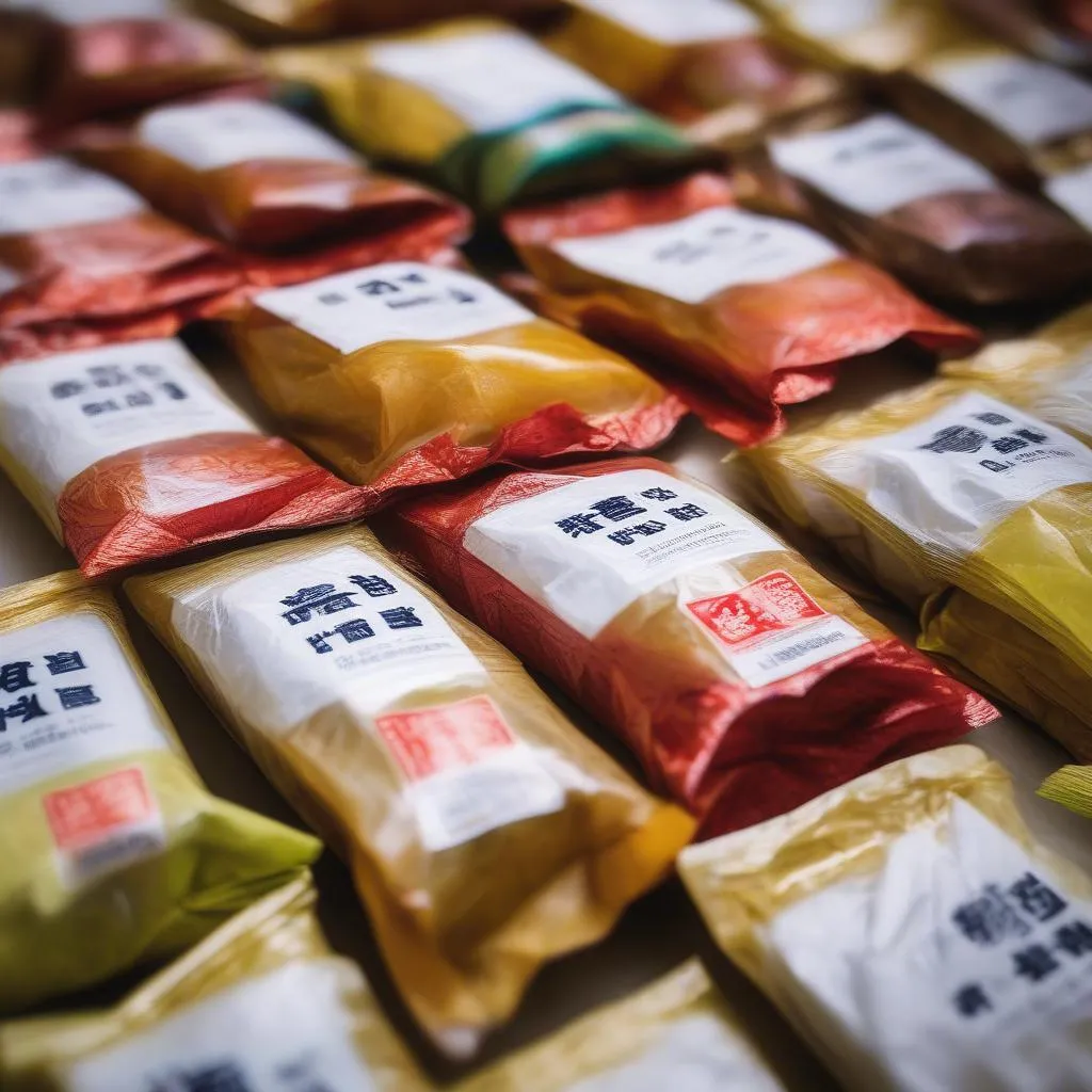 Stacks of dried wonton wrappers in an Asian grocery store.