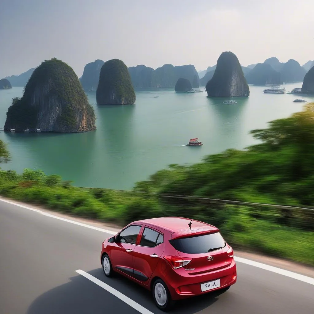 Driving Hyundai i10 on a coastal road near Ha Long Bay