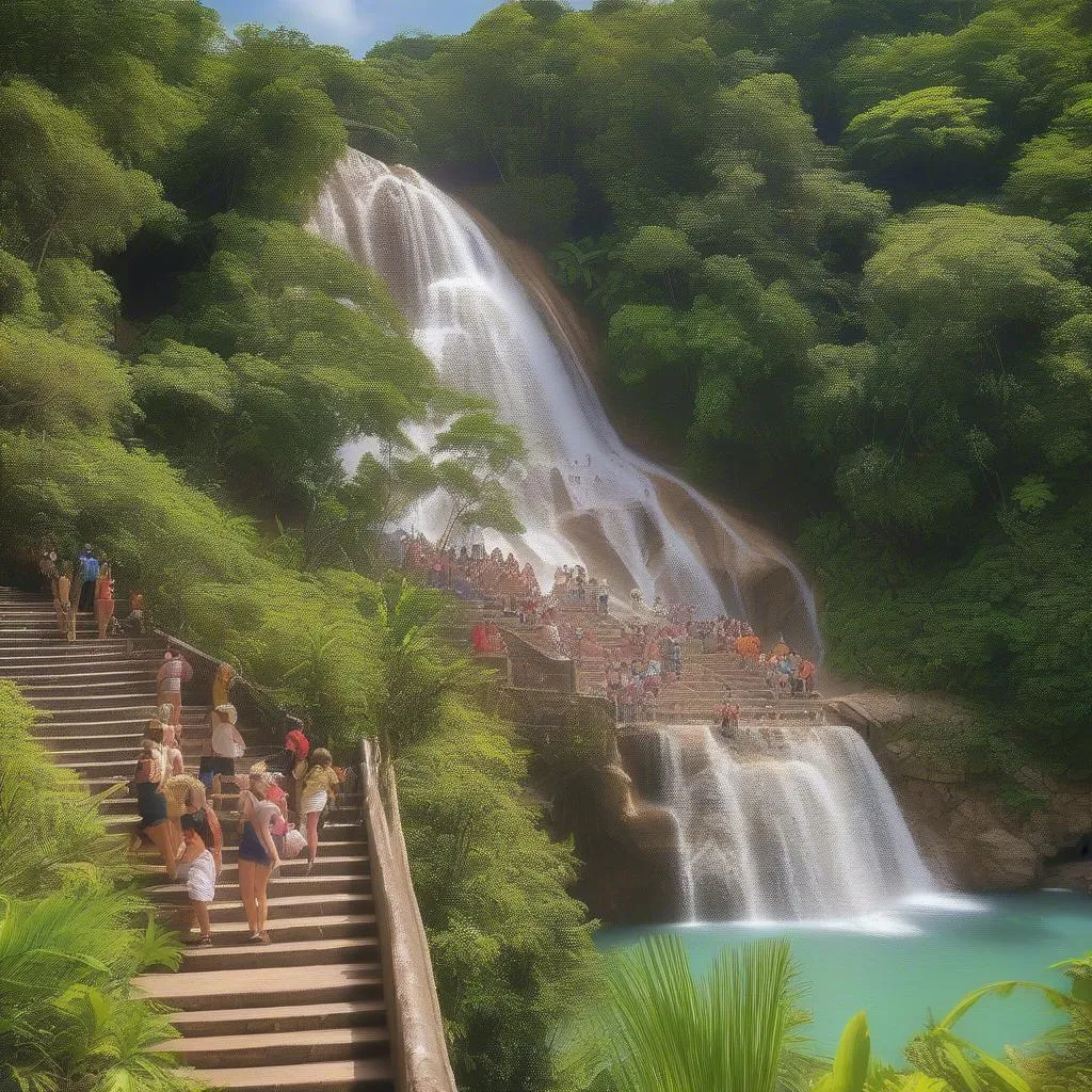 Tourists Climbing Dunn's River Falls