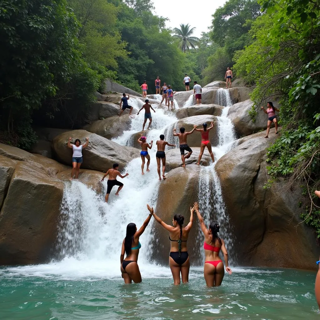 Tourists climbing Dunn's River Falls