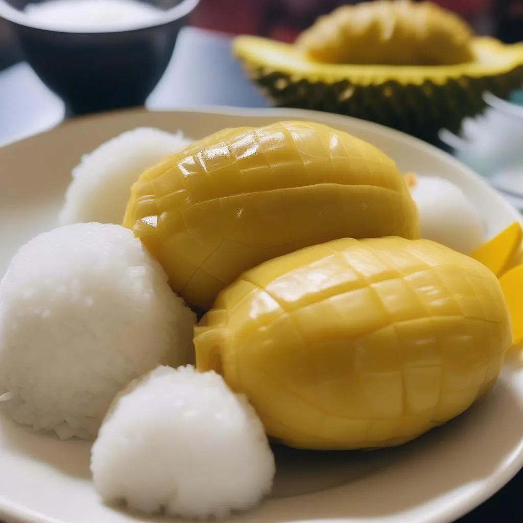 A plate of durian sticky rice, a popular dessert in Ho Chi Minh City