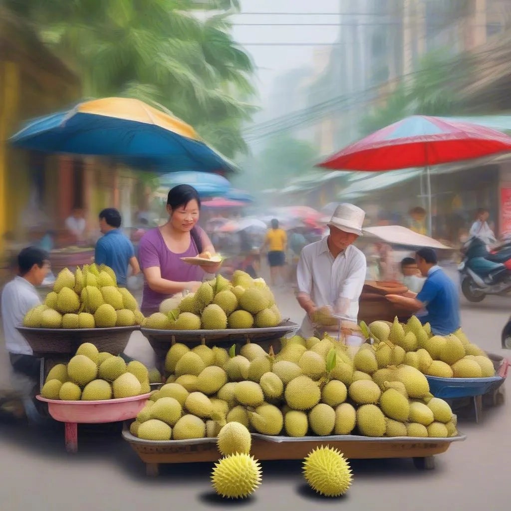 A lively street stall in Ho Chi Minh City selling fresh durian.