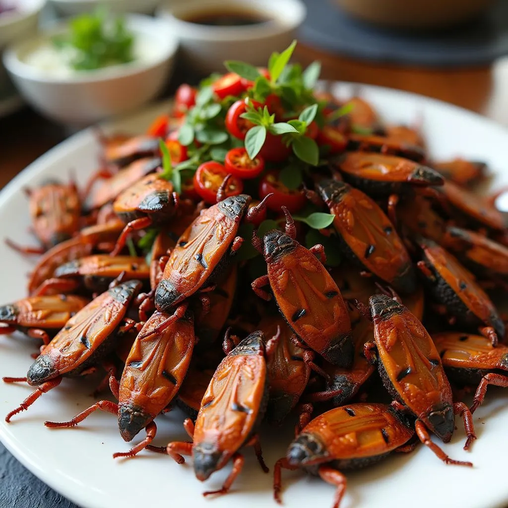 Enjoying a plate of cooked stink bugs in Hanoi.