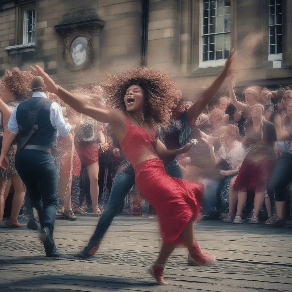 A lively street performance at the Edinburgh Fringe Festival