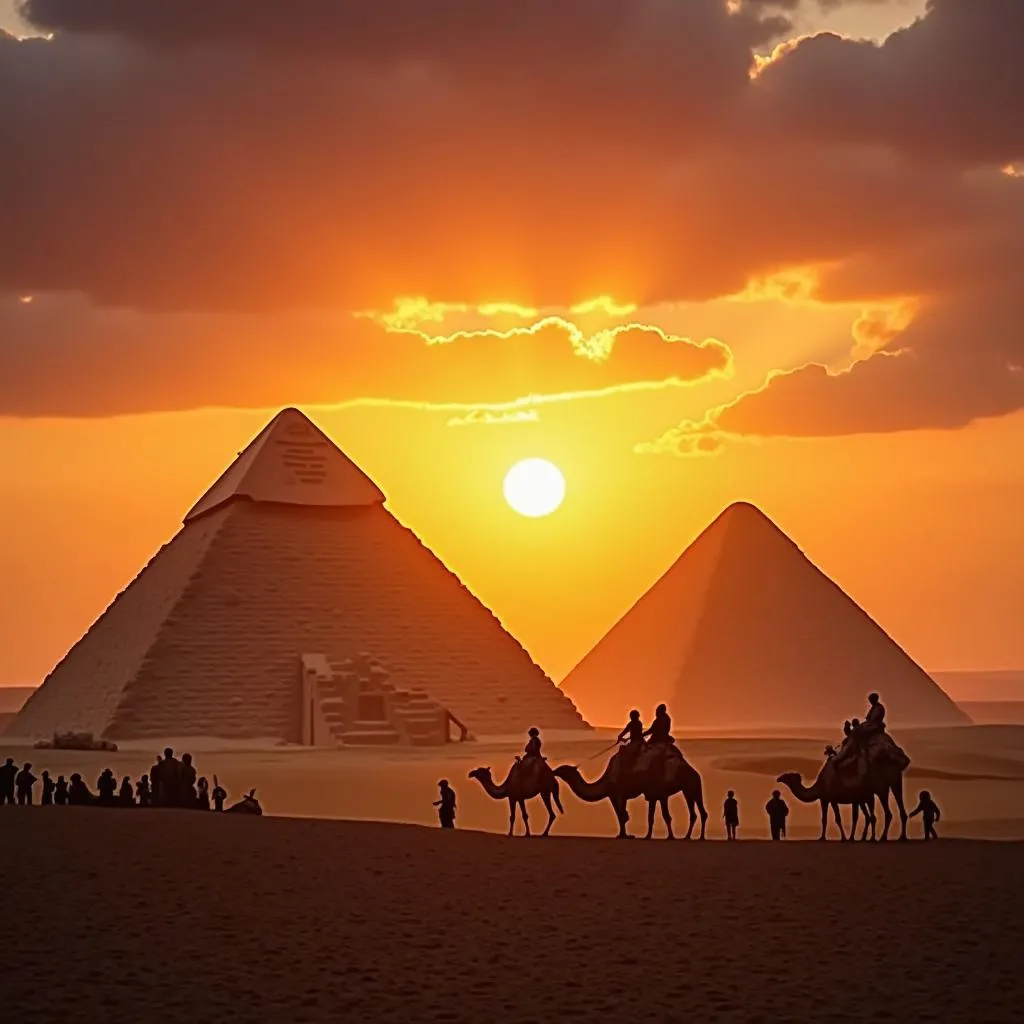 Ancient Egyptian pyramids at sunset