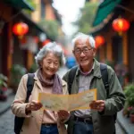 Elderly couple exploring Hanoi's Old Quarter with map and smiles