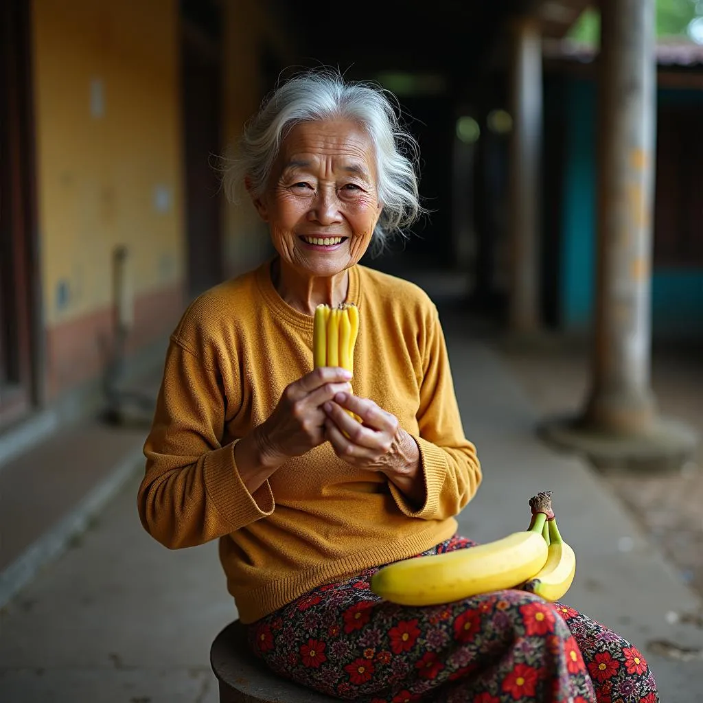 Elderly Vietnamese Woman Enjoying Banana