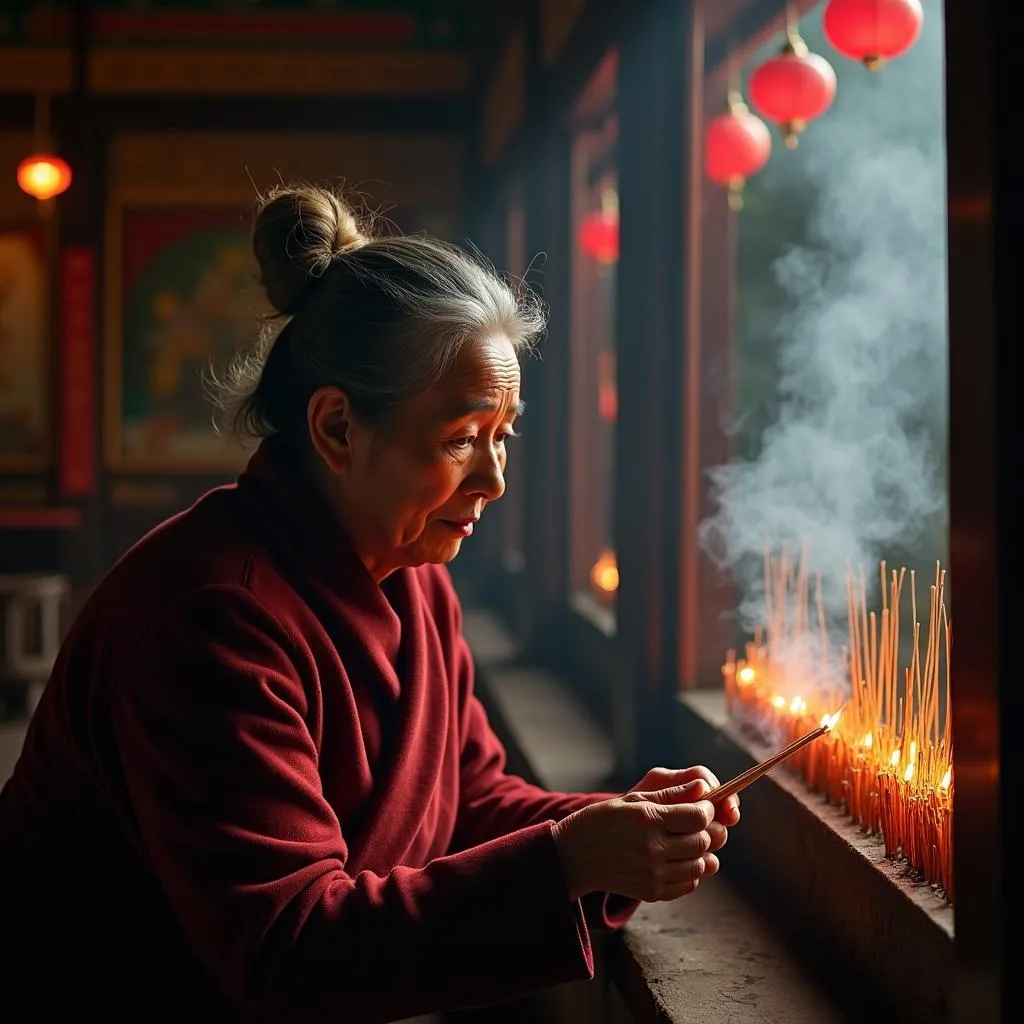 An elderly Vietnamese woman lighting incense at a temple in Hanoi