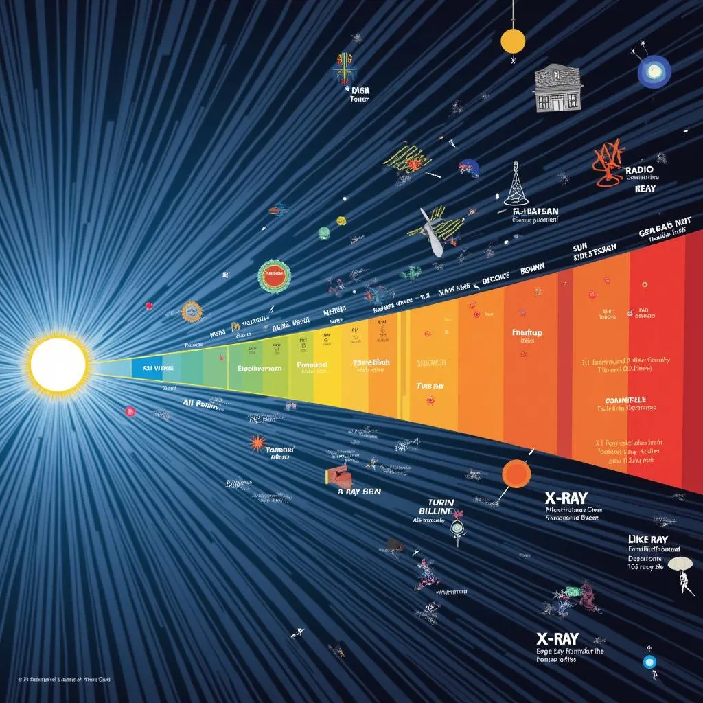 Electromagnetic spectrum with wavelengths and examples.