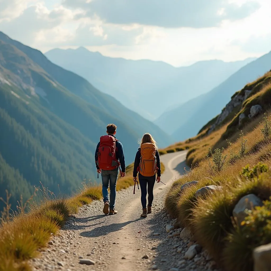 Couple hiking on a mountain trail, embracing challenges for personal growth