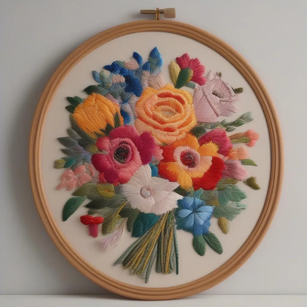 Embroidered picture of a floral bouquet