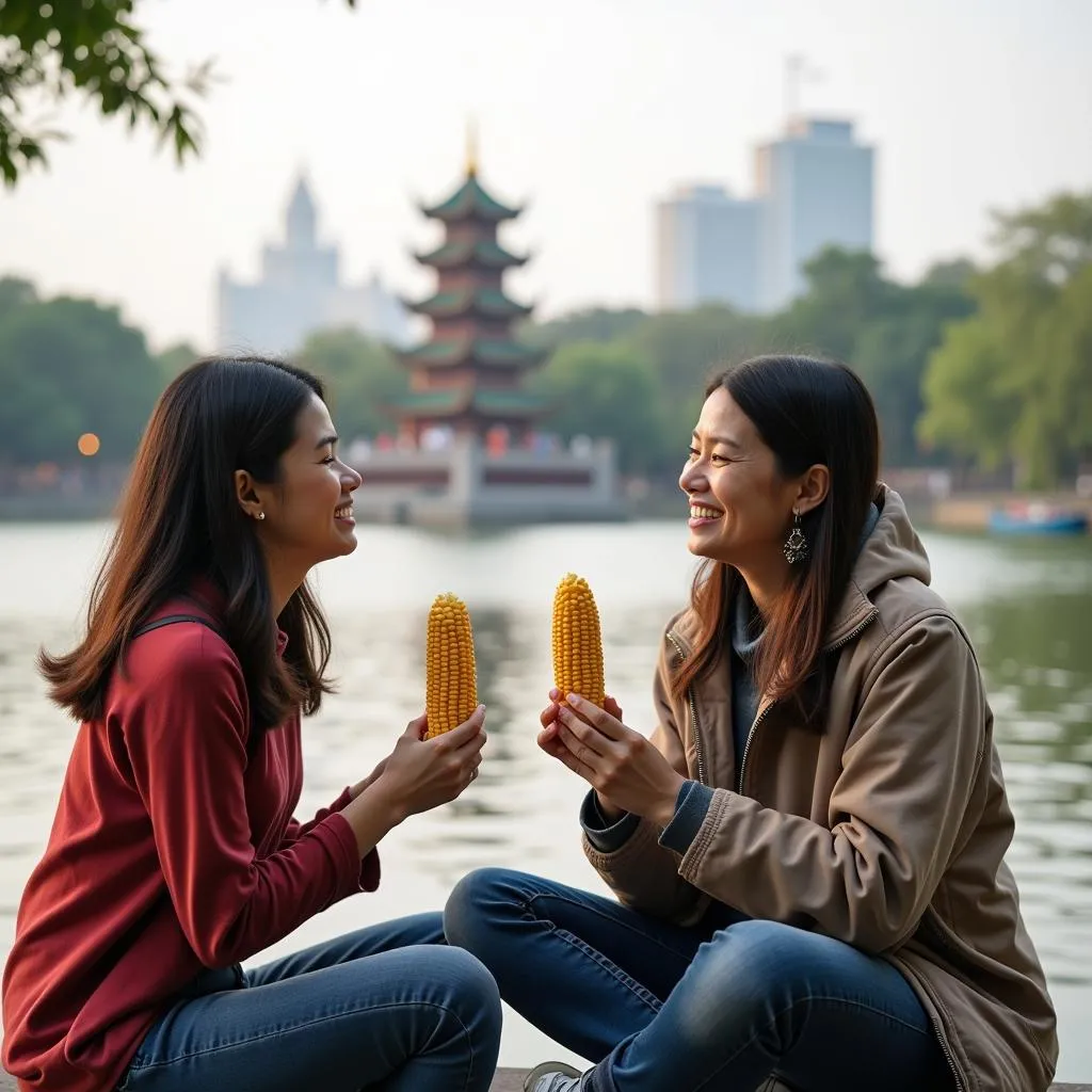 Tourists enjoying buttery corn on the cob with a scenic view of Hoan Kiem Lake