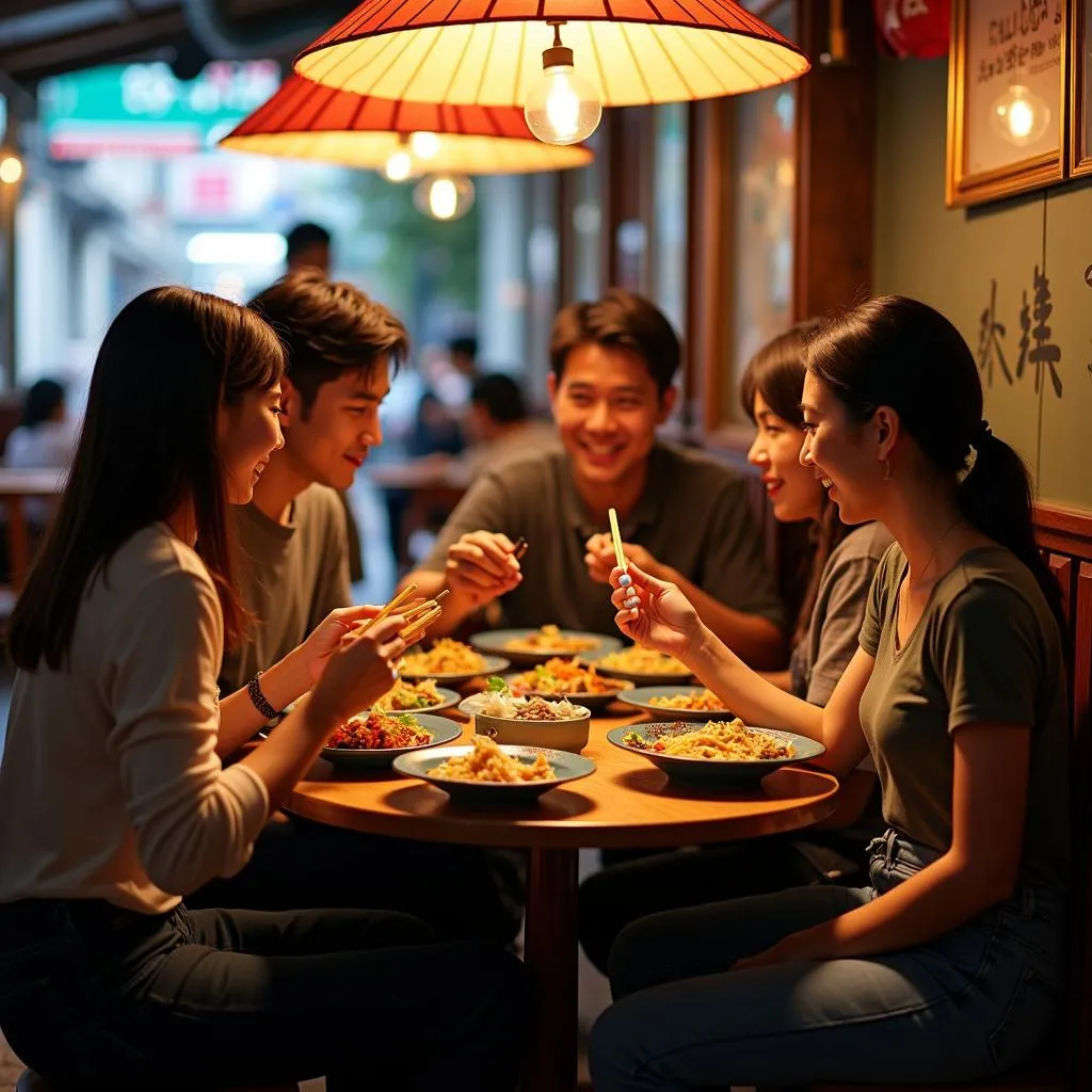 Tourists enjoying Cau Lau at a local eatery in Hanoi's Old Quarter.