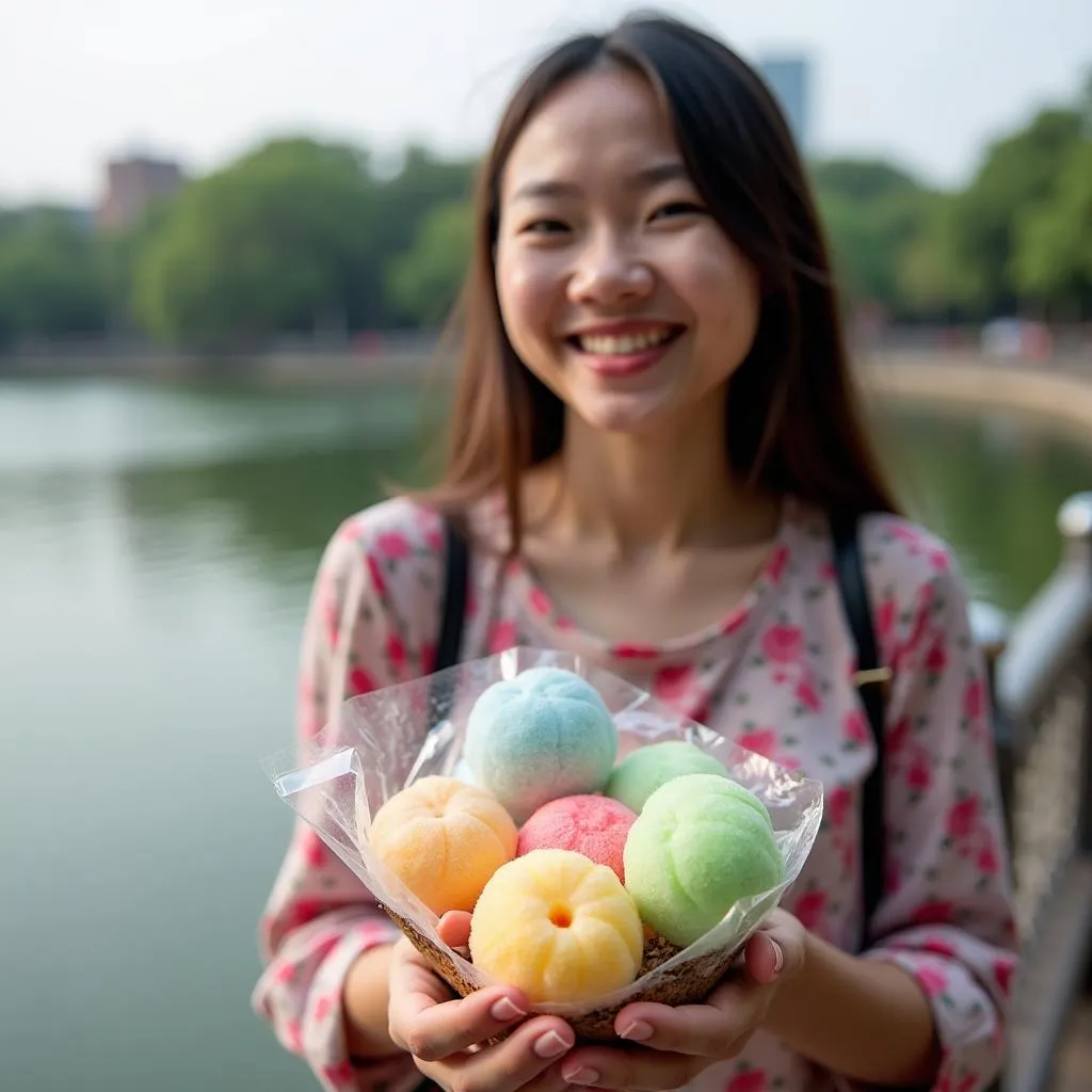 Enjoying coconut candy by Hoan Kiem Lake