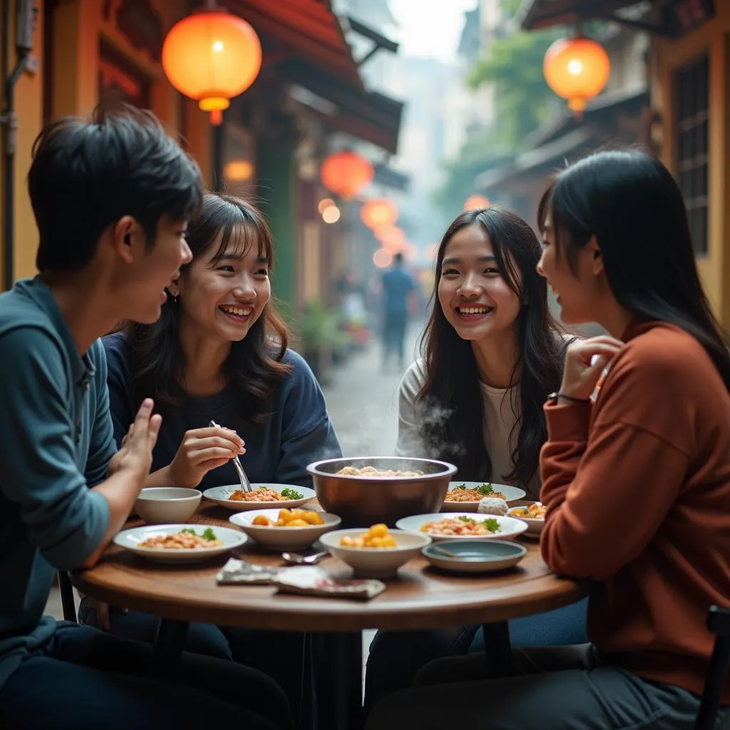 Group of friends enjoying Phá Lấu in Hanoi