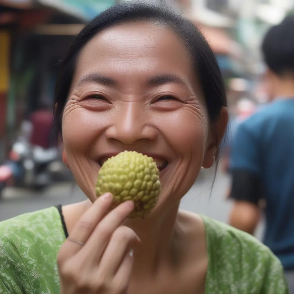 Woman enjoying a Thai custard apple in Hanoi