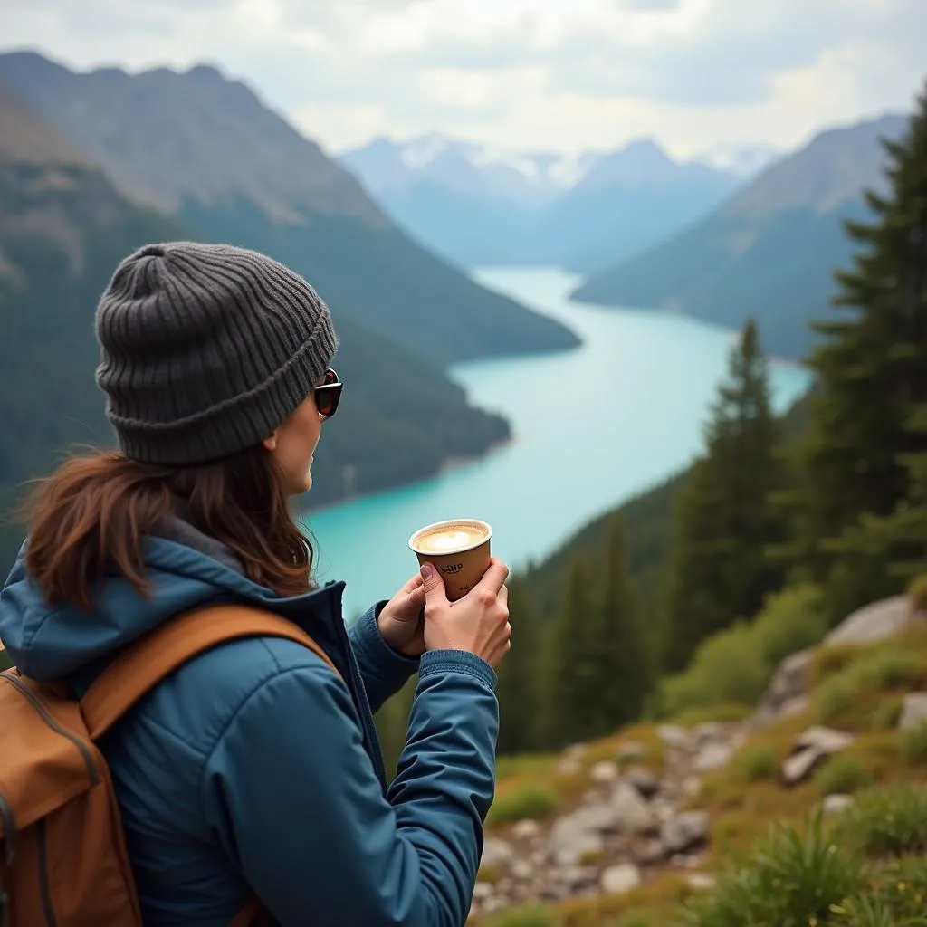 A person enjoying their freshly brewed coffee in a scenic outdoor location.