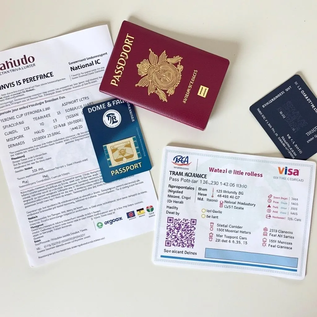 Passport, ID card, visa, and travel insurance displayed on a table