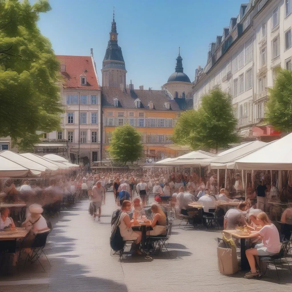 Bustling city square filled with tourists and locals enjoying the summer weather in August