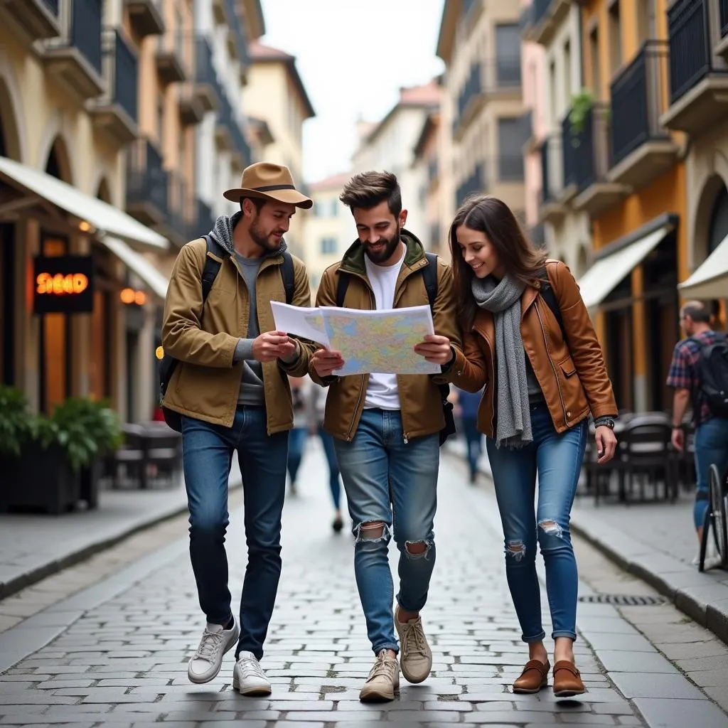 Tourists exploring a bustling European city street