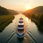 European river cruise ship sailing through vineyards