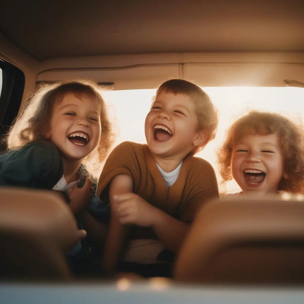 Children laughing in the backseat of a car