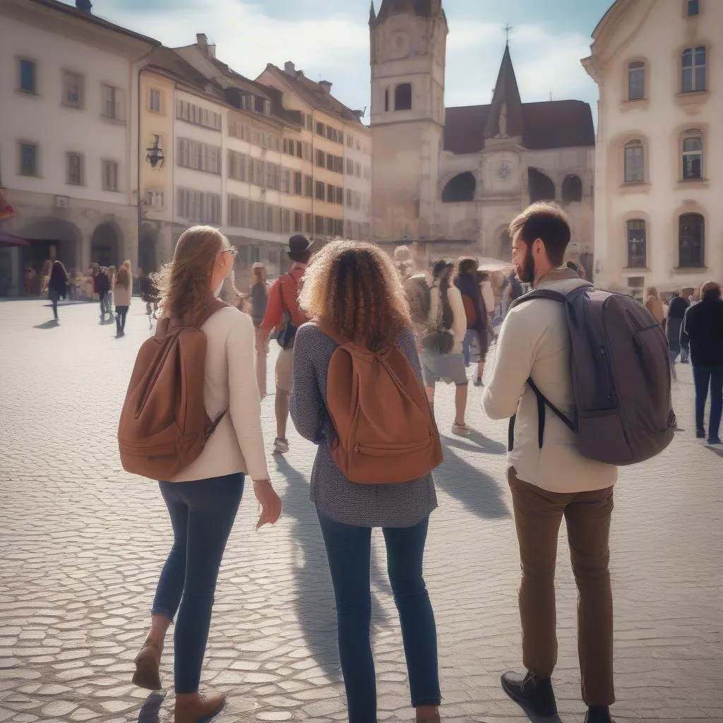 Tourists enjoying a free walking tour in a European city