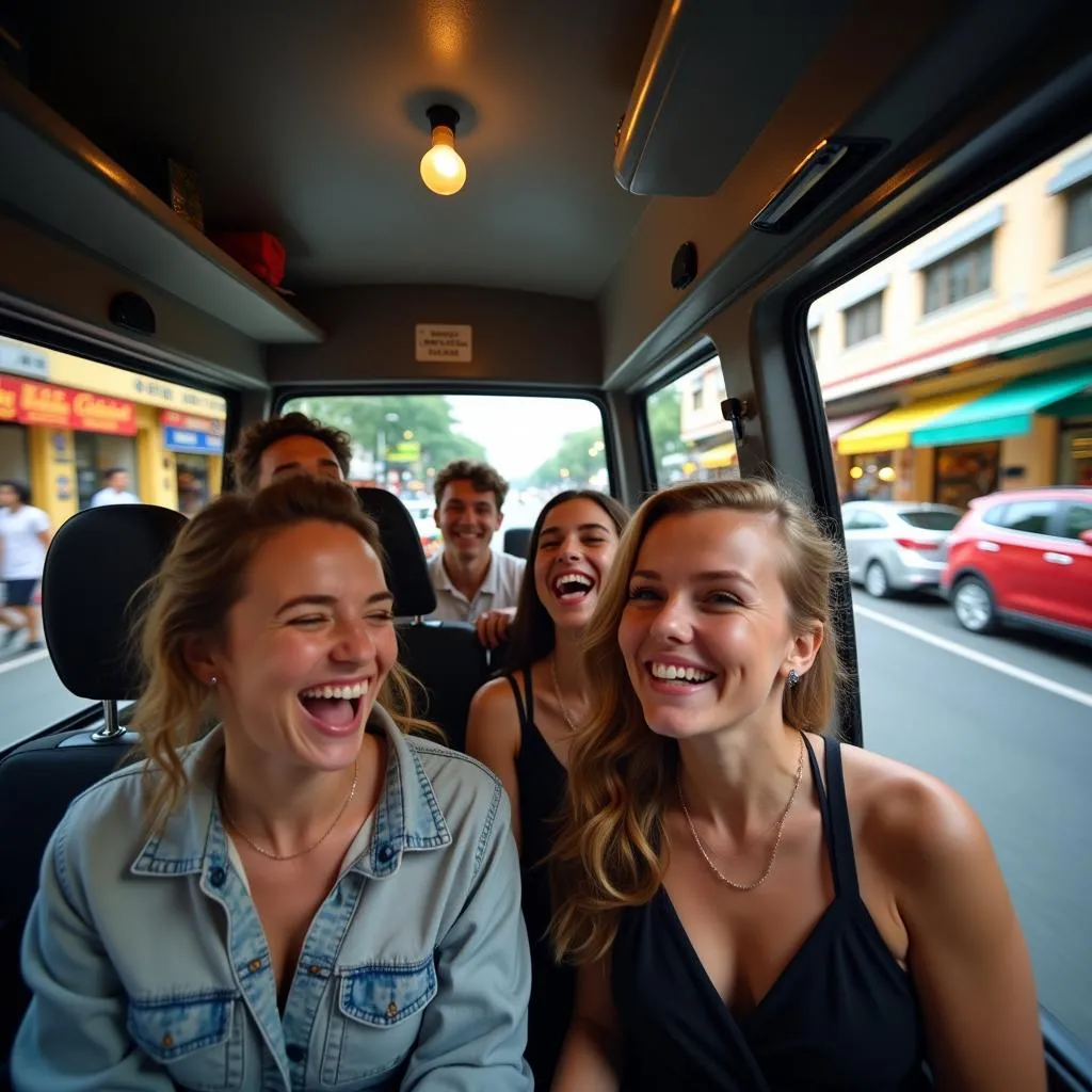 Tourists exploring Hanoi in an 8-seater van