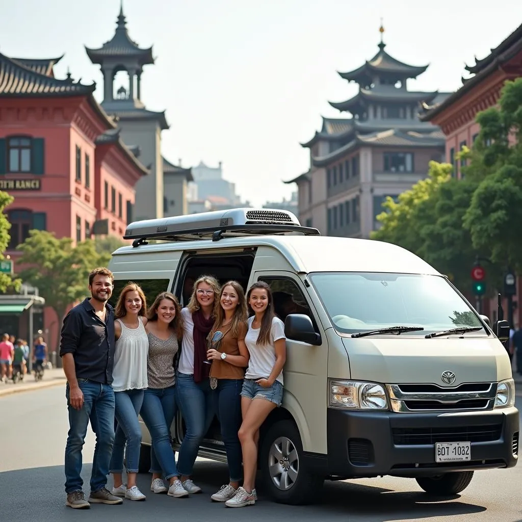 Group of friends exploring Hanoi in a rental van