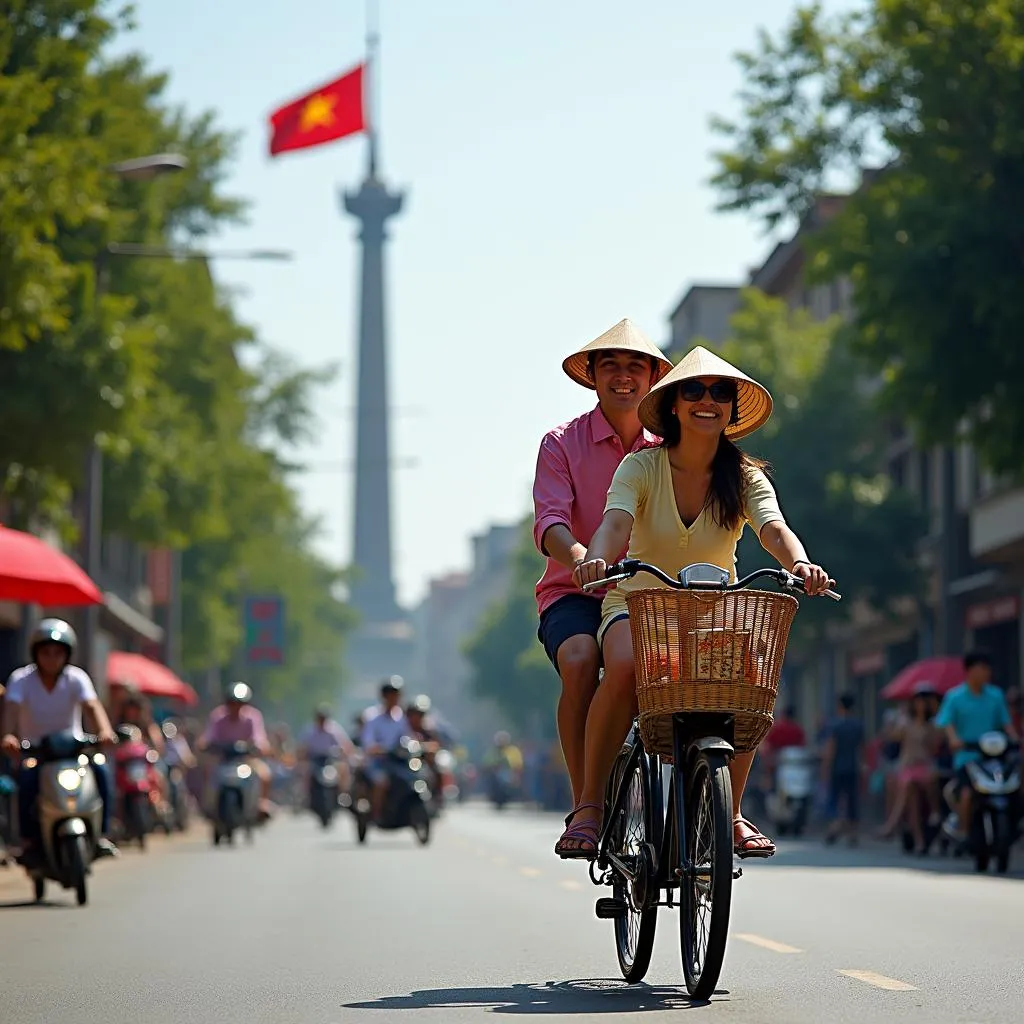 Exploring Hanoi by Cyclo with the Flag Pole in the Background