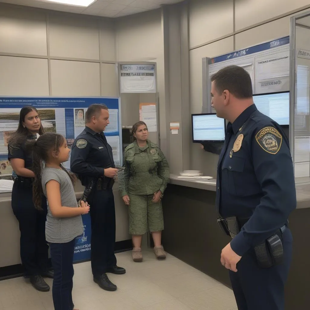 Family talking to border patrol officer