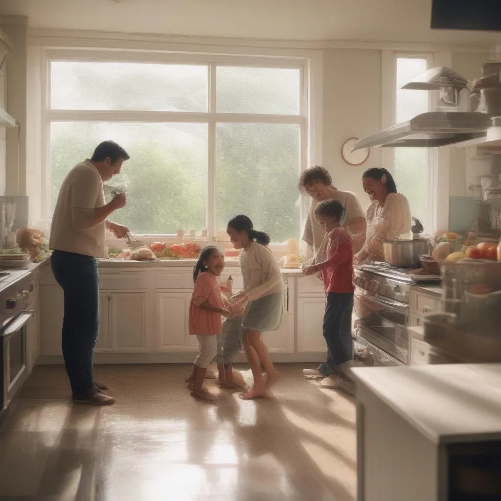 Family cooking together on a rainy day