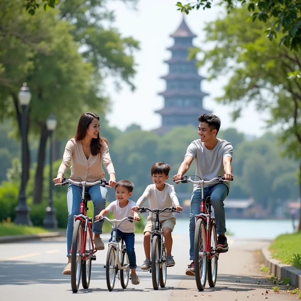 Family bike ride around Hoan Kiem Lake