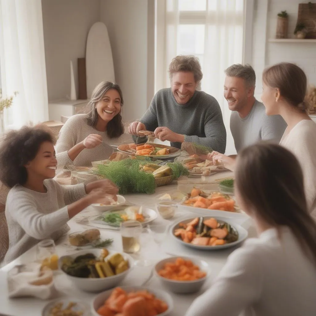 Family enjoying salmon and roasted vegetables