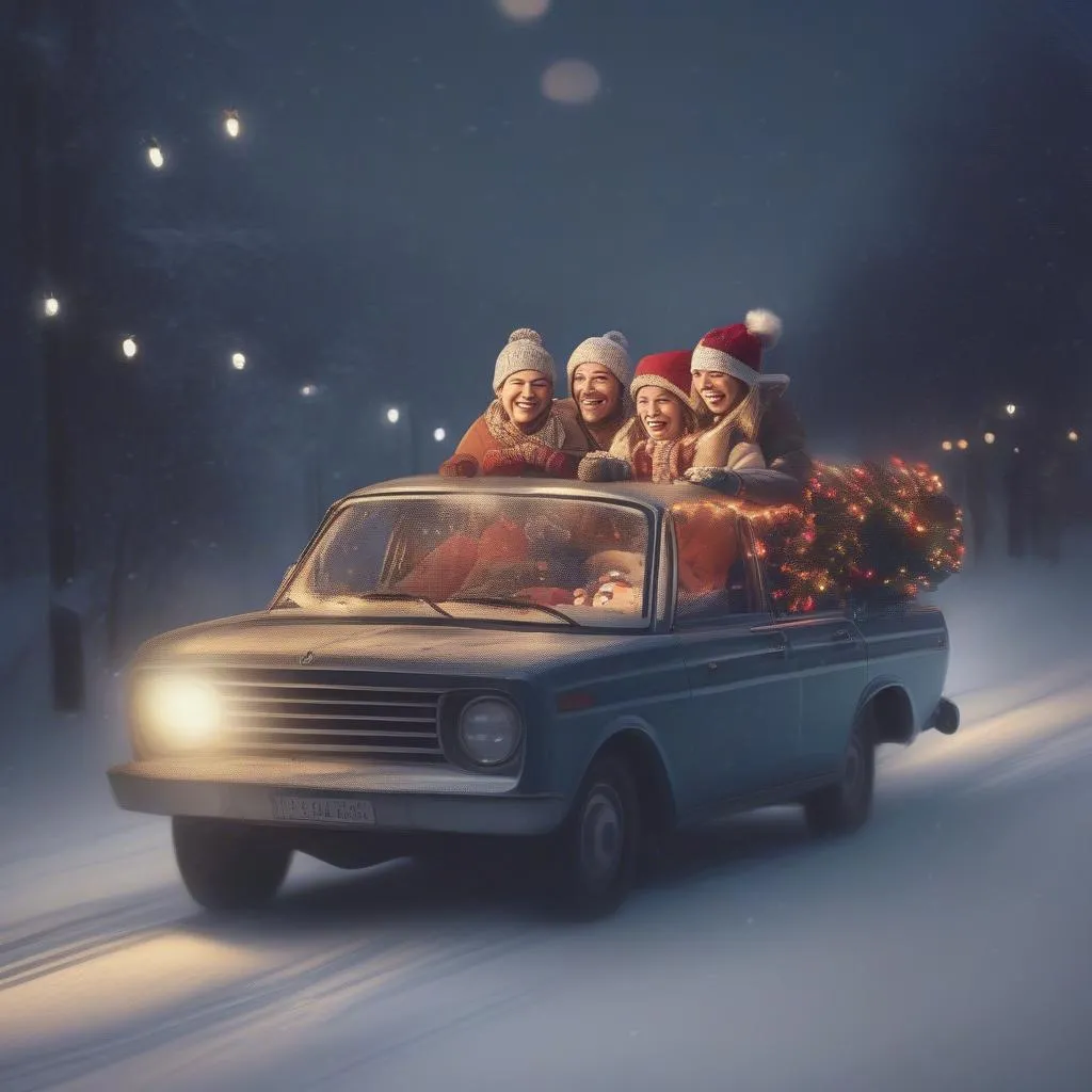 Family Enjoying a Winter Road Trip in a Car