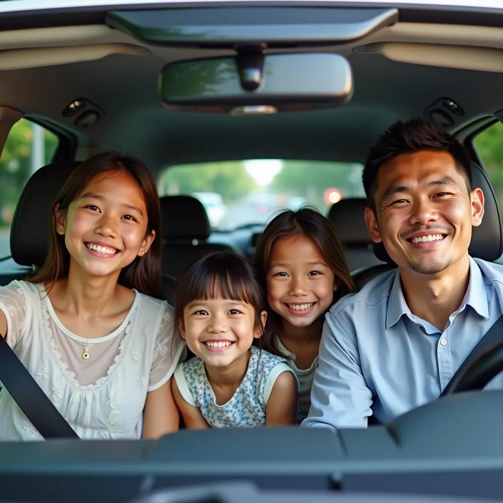 Family enjoying a trip in a 7-seater car in Hanoi