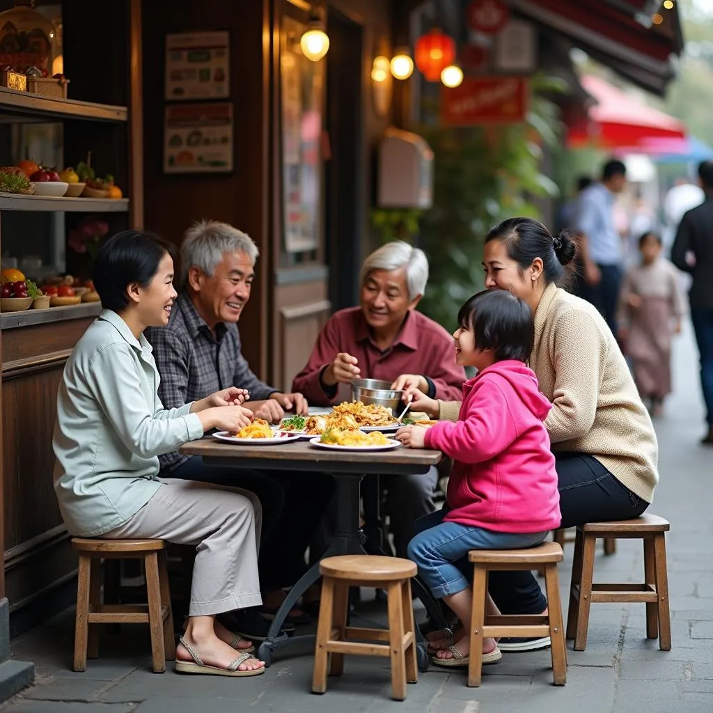 Family Enjoying Banh Ran in Hanoi