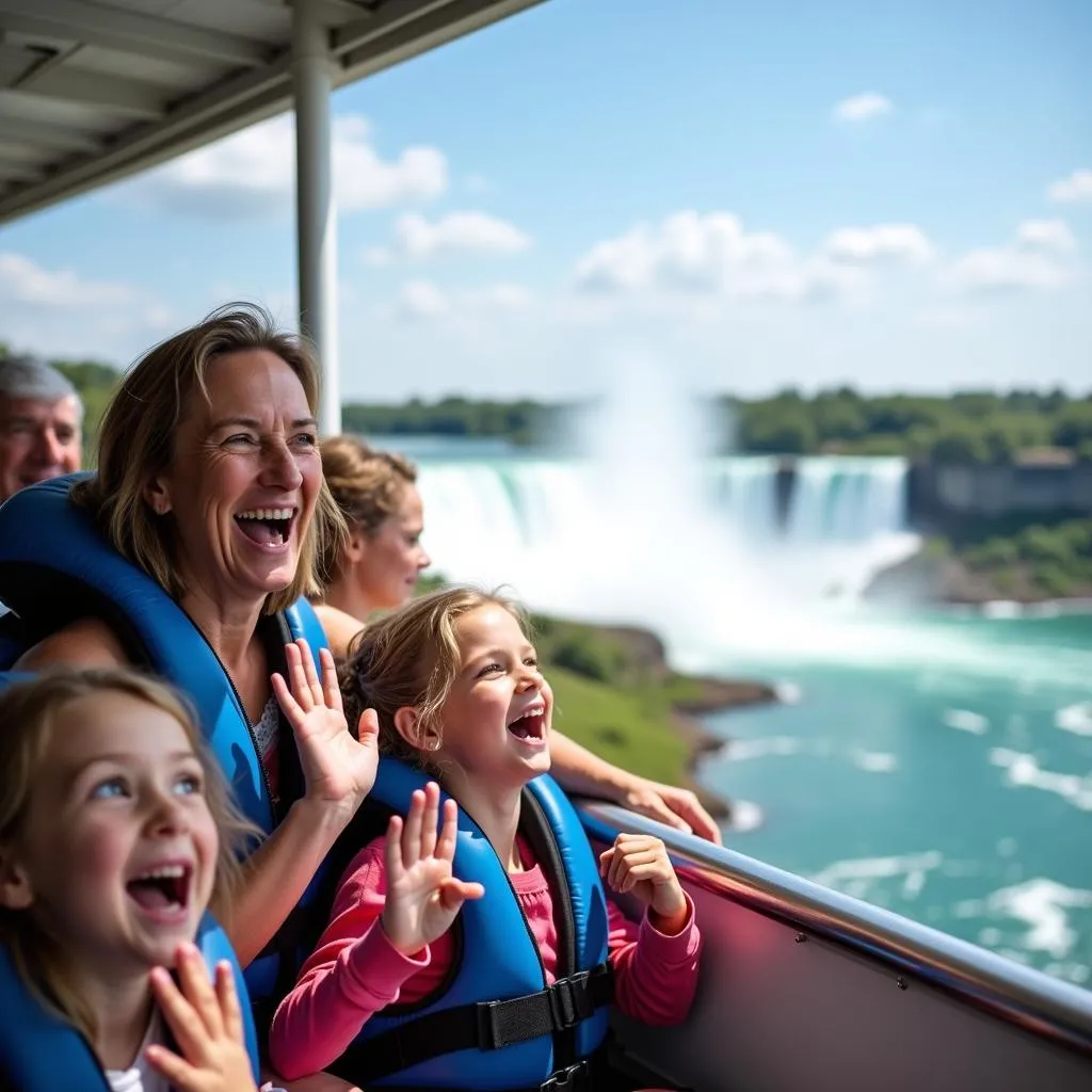 A family smiles and laughs as their boat approaches Niagara Falls