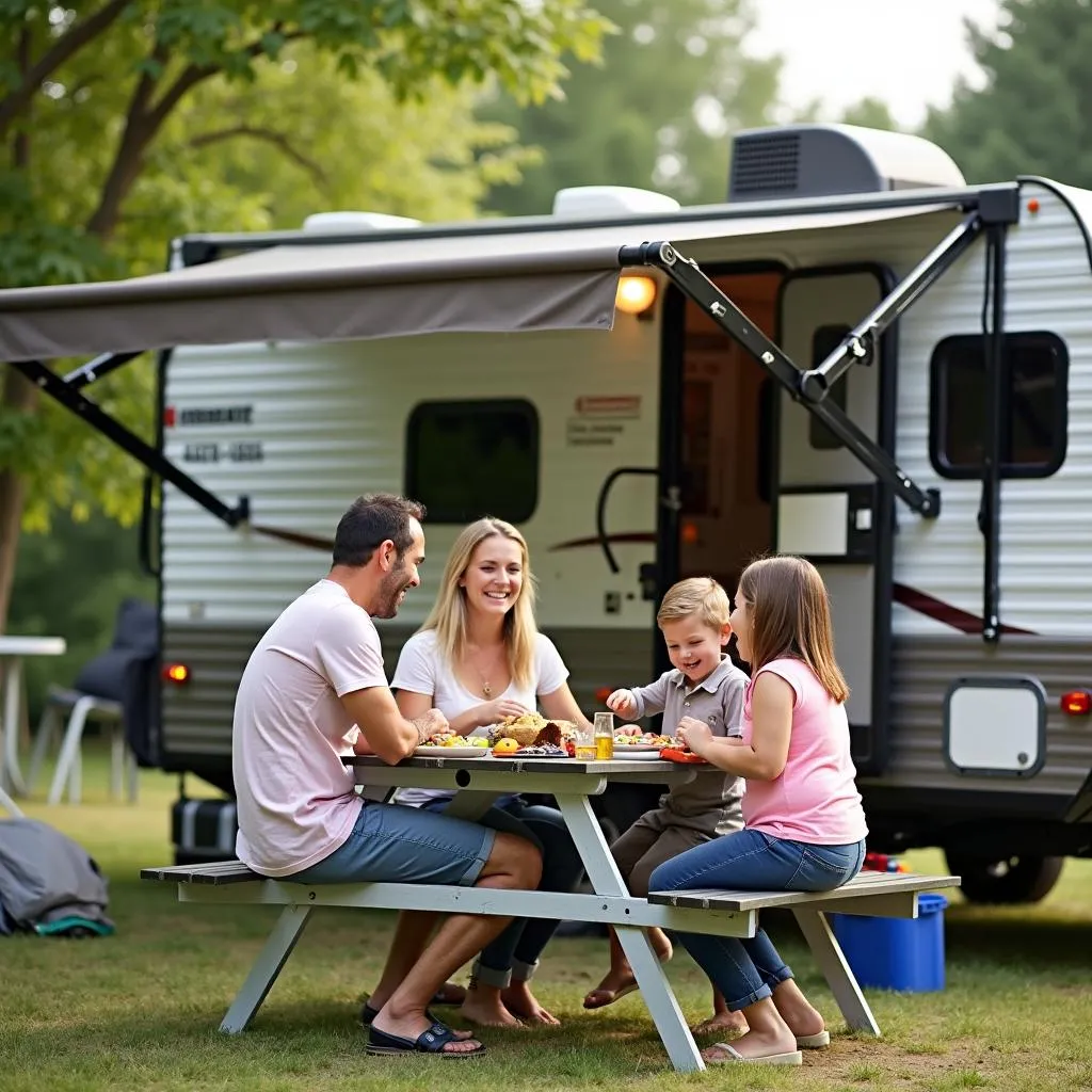 A family happily camping in their Coleman travel trailer