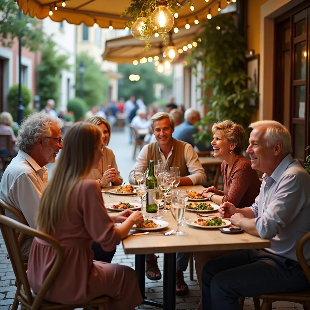 Multi-generational family sharing a meal together in Italy